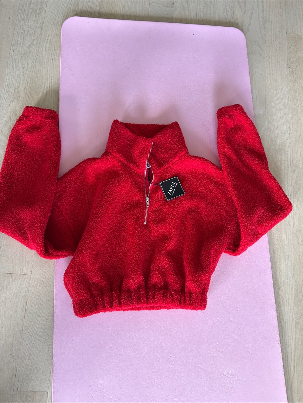 Zaful Red Sherpa Half-Zip Cropped Pullover
